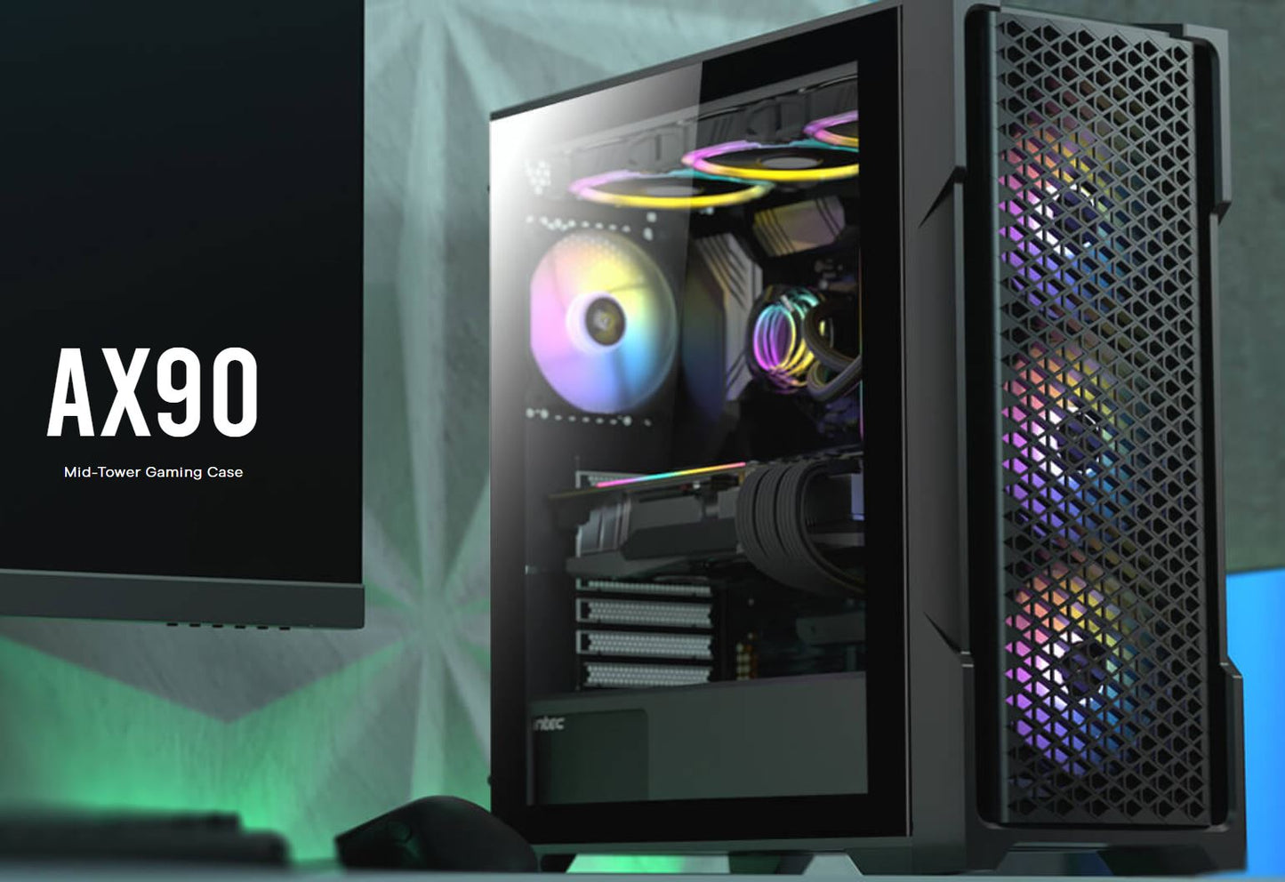 Antec AX90 ATX, 2x 360mm Radiator Support, 4x ARGB 12CM Fans 3x Front 1x Rear included. RGB controller for six fans. Mesh Tempered Glass Case (LS)