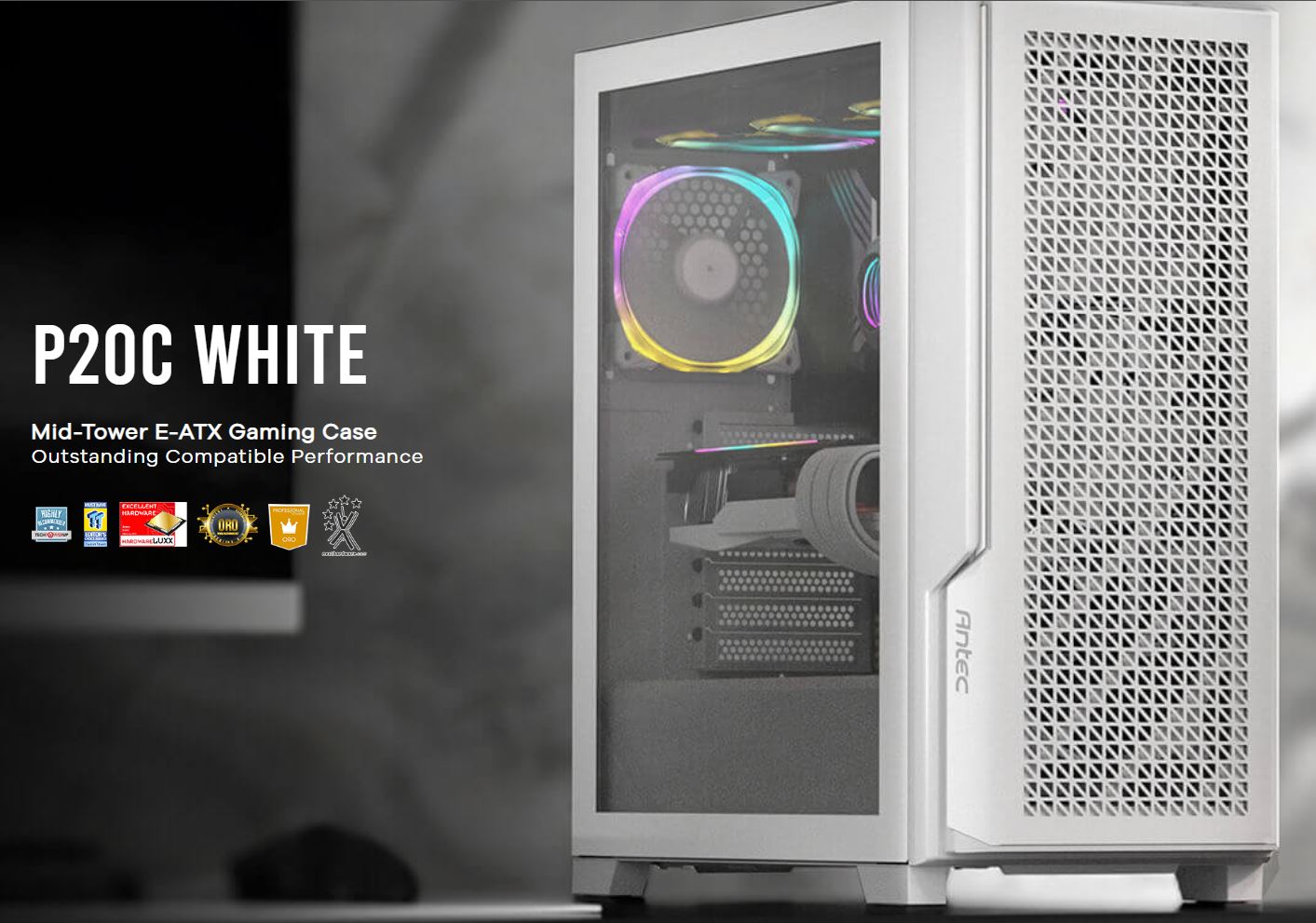 Antec P20C White, ATX, E-ATX, ATX, USB-C, Cable management , 4x HDD or SSD , 375mm GPU, 170mm CPU 3x PWM white 12 CM Fan, Tempered Glass, Case (LS)