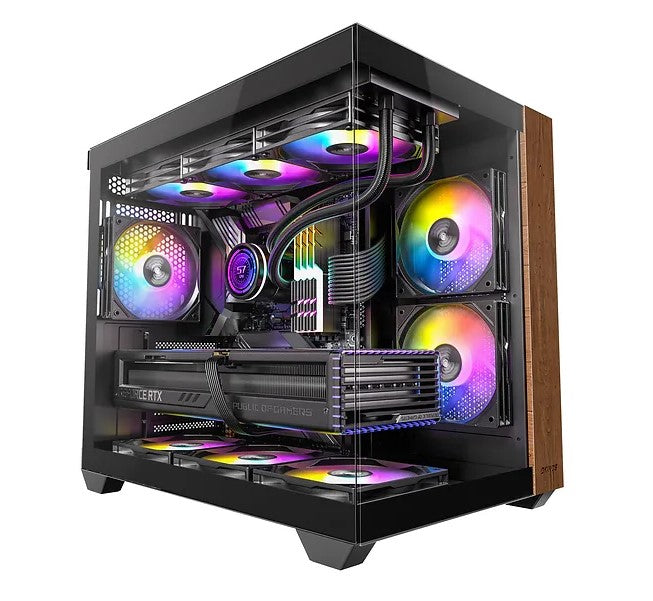 OKINOS M6 ARGB ATX Genuine Walnut Wood, Panoramic View, Type-C, 4 x120mm ARGB PWM Fans included,Tempered Glass Side Panel, Black, Case