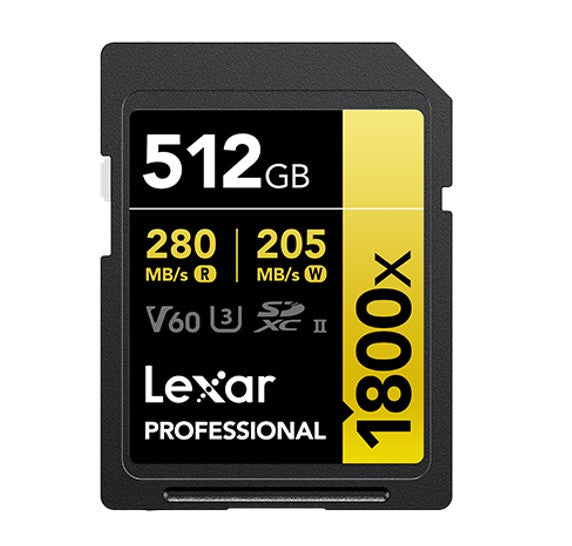 Lexar Professional 1800x 512G SDXC™ UHS-II Card GOLD Series 512GB—C10, UHS-II(U3), V60, 1800x, up to 280MB/s read, 205MB/s write