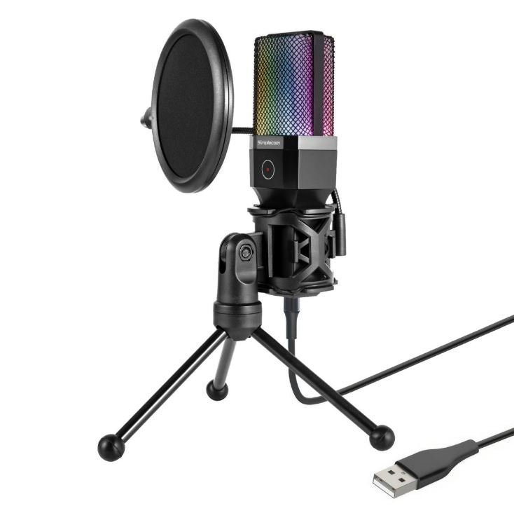 Simplecom UM650 USB Cardioid Condenser Microphone Gaming RGB Lights with Tripod Pop Filter