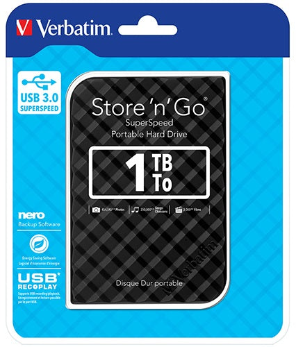 Verbatim 1TB 2.5" USB 3.0 Black Store'n'Go HDD Grid Design, Ultra Portable, High Speed Capacity. Backup and Store + Nero Backup Software