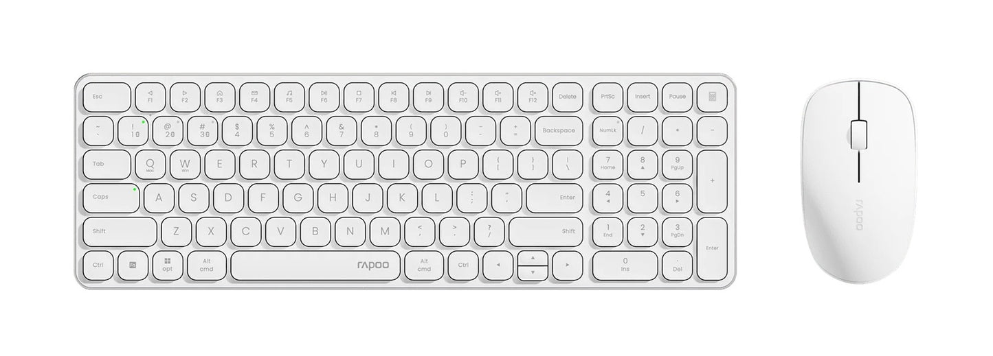 RAPOO 9320M Bluetooth 4.0, 5.0 + 2.4G Wireless Multi-mode Keyboard Mouse Combo, Aluminum Base, 2400 DPI, 10M Range, Compact White Retail Pack