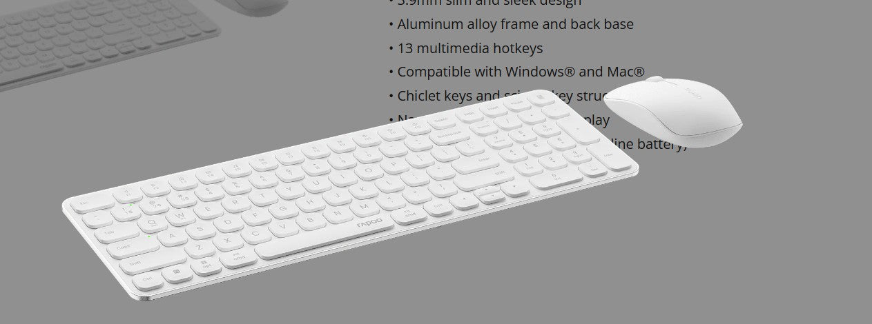 RAPOO 9320M Bluetooth 4.0, 5.0 + 2.4G Wireless Multi-mode Keyboard Mouse Combo, Aluminum Base, 2400 DPI, 10M Range, Compact White Retail Pack