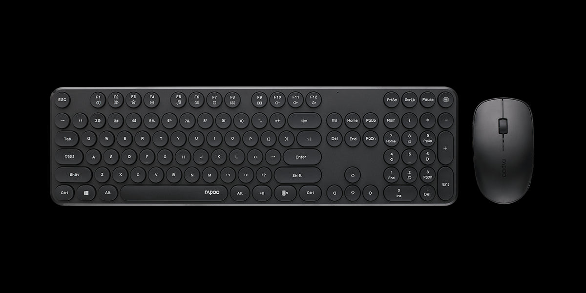 RAPOO Wireless Stylish, Spill-Resistant, Retro Style Round Key, 1000DPI, 2.4G Connection, 10M Range, Nano Receiver, Optical Mouse Keyboard Black