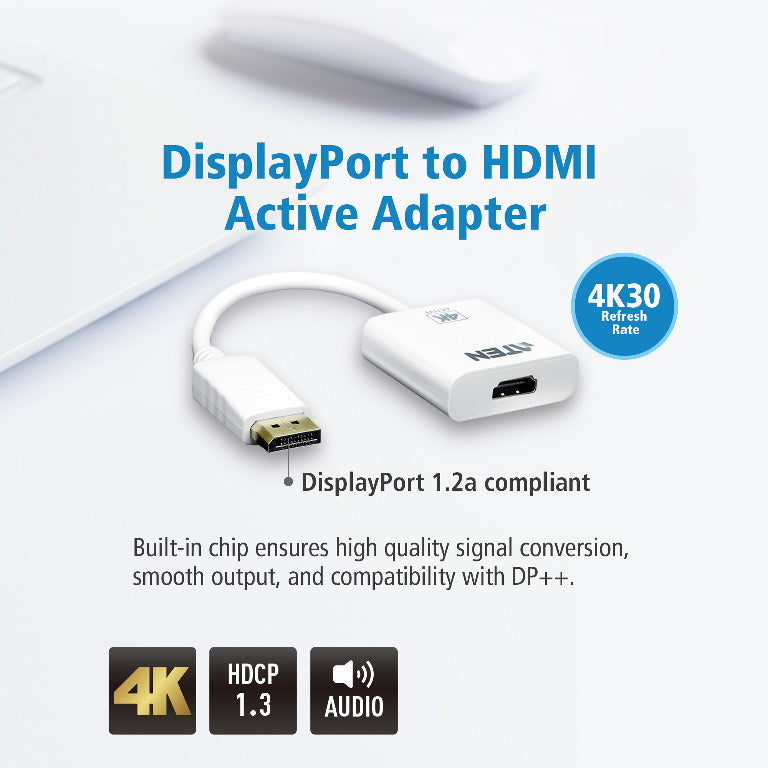 Aten 4K DisplayPort to HDMI Active Adapter, Supports VGA, SVGA, XGA, SXGA, UXGA, 1080p resolutions up to 4K UHD, Supports AMD Eyefinity, DP to HDMI