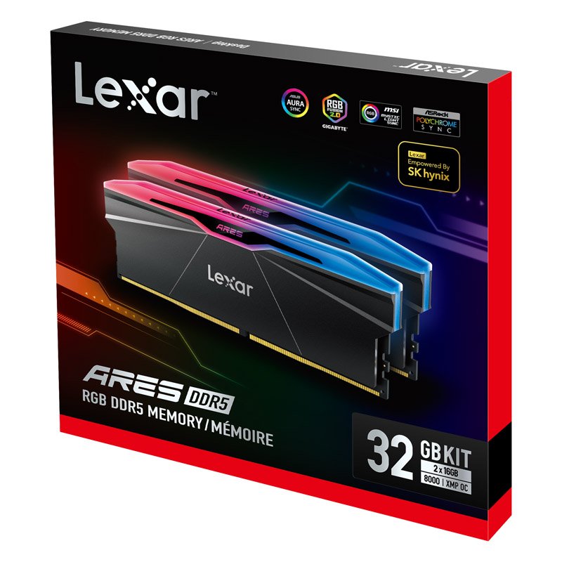 Lexar LD5U16G80C38BR-RGD ARES 2nd Gen U-DIMM DDR5 8000 32GB Kit (16GB*2),CL38, RGB Black, dual pack