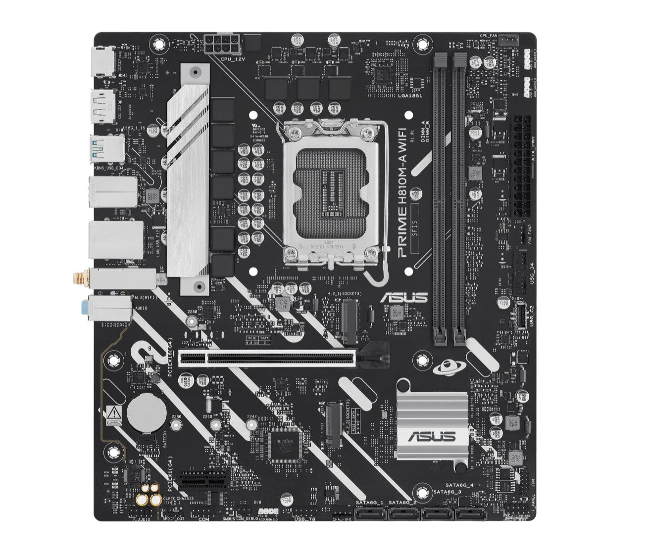 ASUS PRIME H810M-A WIFI-CSM Micro-ATX Motherboard Up to 128GB DDR5 (2x Slots), 1 x PCIe 4.0, 2 x M.2 slots, 4 x SATA, WiFi 6, 1 x HDMI, 1 x DP