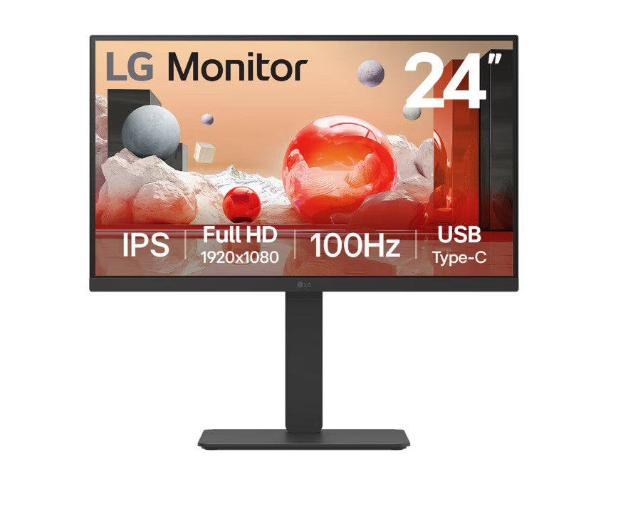 LG 24" IPS FHD 1920 x 1080, USB-C 65w PD, RJ45 100Hz 5ms, AMD FreeSync 16:9 Tilt/Height/Swivel/Pivot (Bi-direction) adjustable stand, 3yrs Monitor