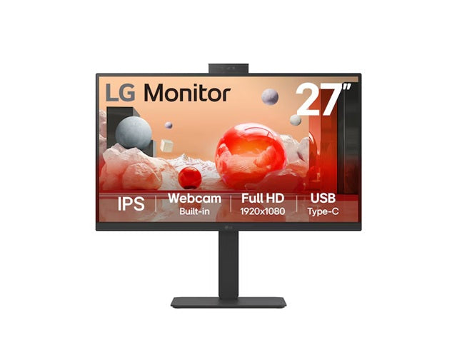 LG 27" IPS FHD 1920 x 1080, Webcam, USB-C (PD65w) 100Hz 5ms, AMD FreeSync 16:9 Tilt/Height/Swivel/Pivot (Bi-direction) adjustable stand, 3yrs Monitor
