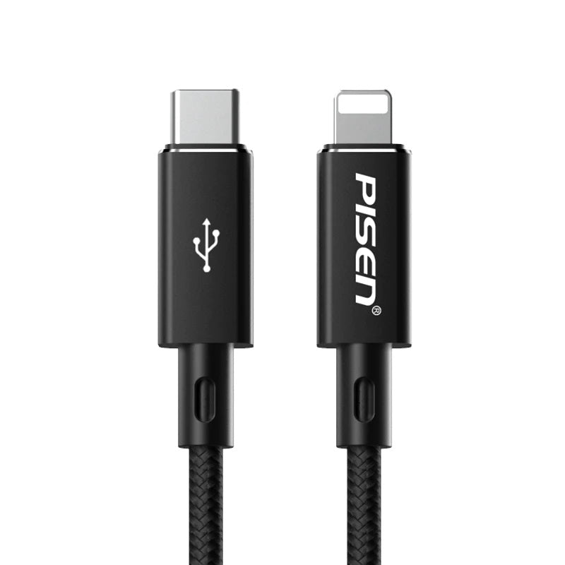 Pisen Braided Lightning to USB-C PD Fast Charge Cable (1M) Black - Support 3A, Anti-Breaking, Reinforced More Durable, Apple iPhone/iPad/MacBook