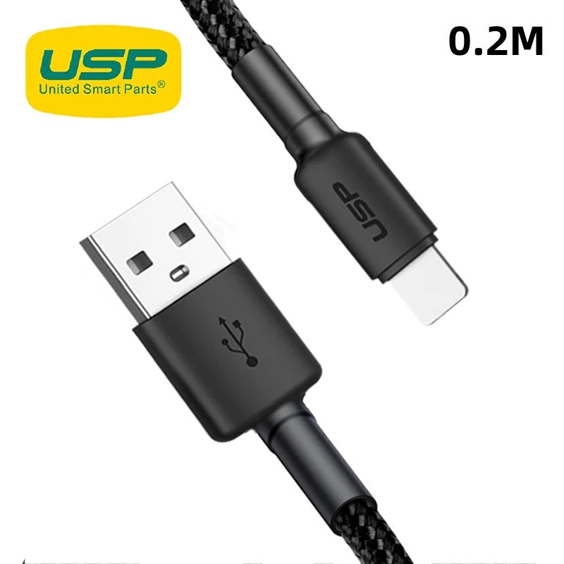 USP BoostUp Lightning to USB-A Cable (20cm) Black - Quick Charge Connect, 2.4A Rapid Charge, Durable, Nylon Weaving, Apple iPhone/iPad/MacBook