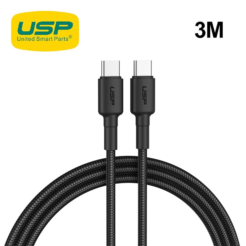 USP BoostUp Braided USB-C to USB-C Cable (3M) Black -3A Fast Safe Charge,Strong Durable,Samsung Galaxy,Apple iPhone,iPad,MacBook,Google,OPPO,Nokia
