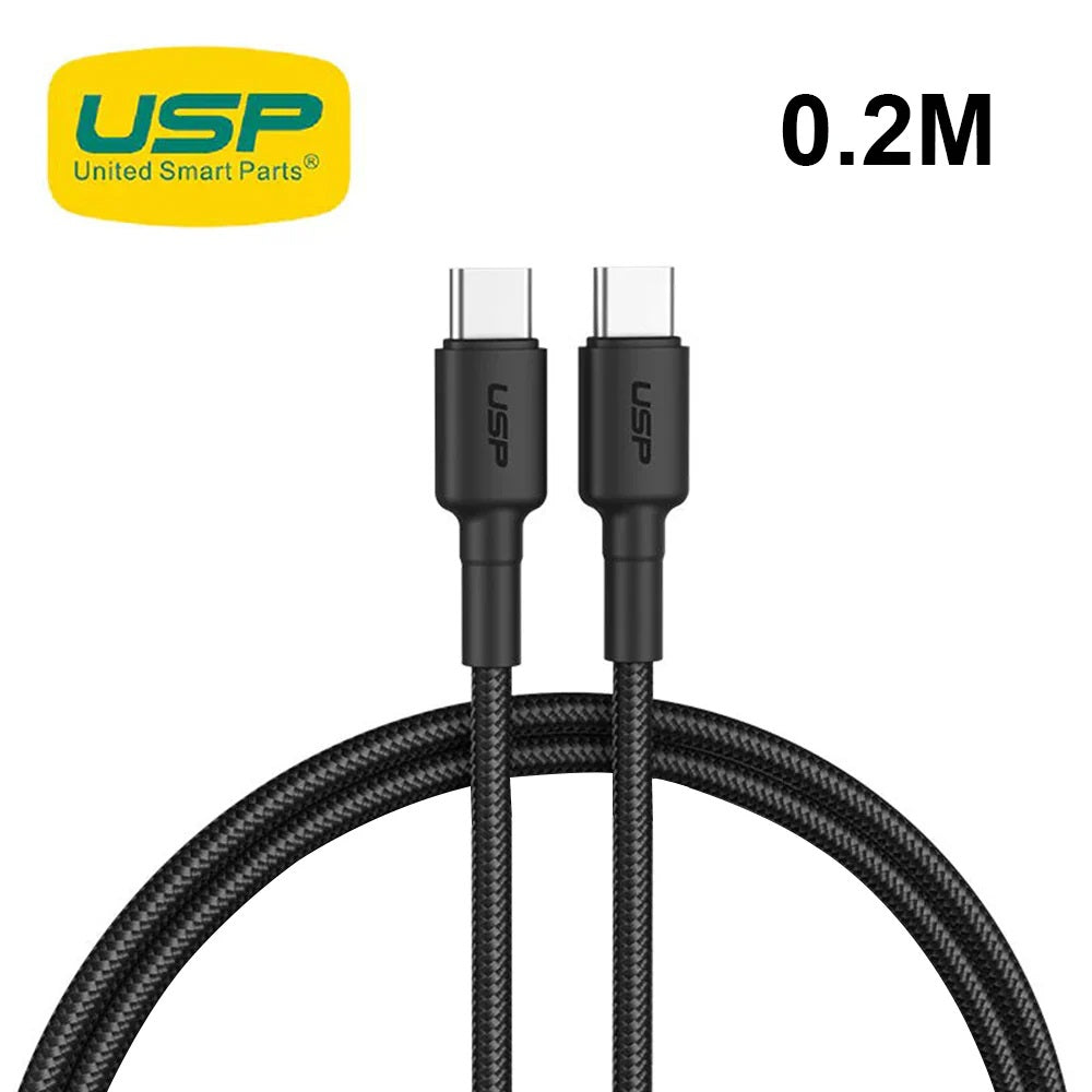 USP BoostUp Braided USB-C to USB-C Cable (20cm) Black-3A/60W, Fast Safe Charge,Strong Durable,Samsung Galaxy,Apple iPhone,iPad,MacBook,Google,OPPO