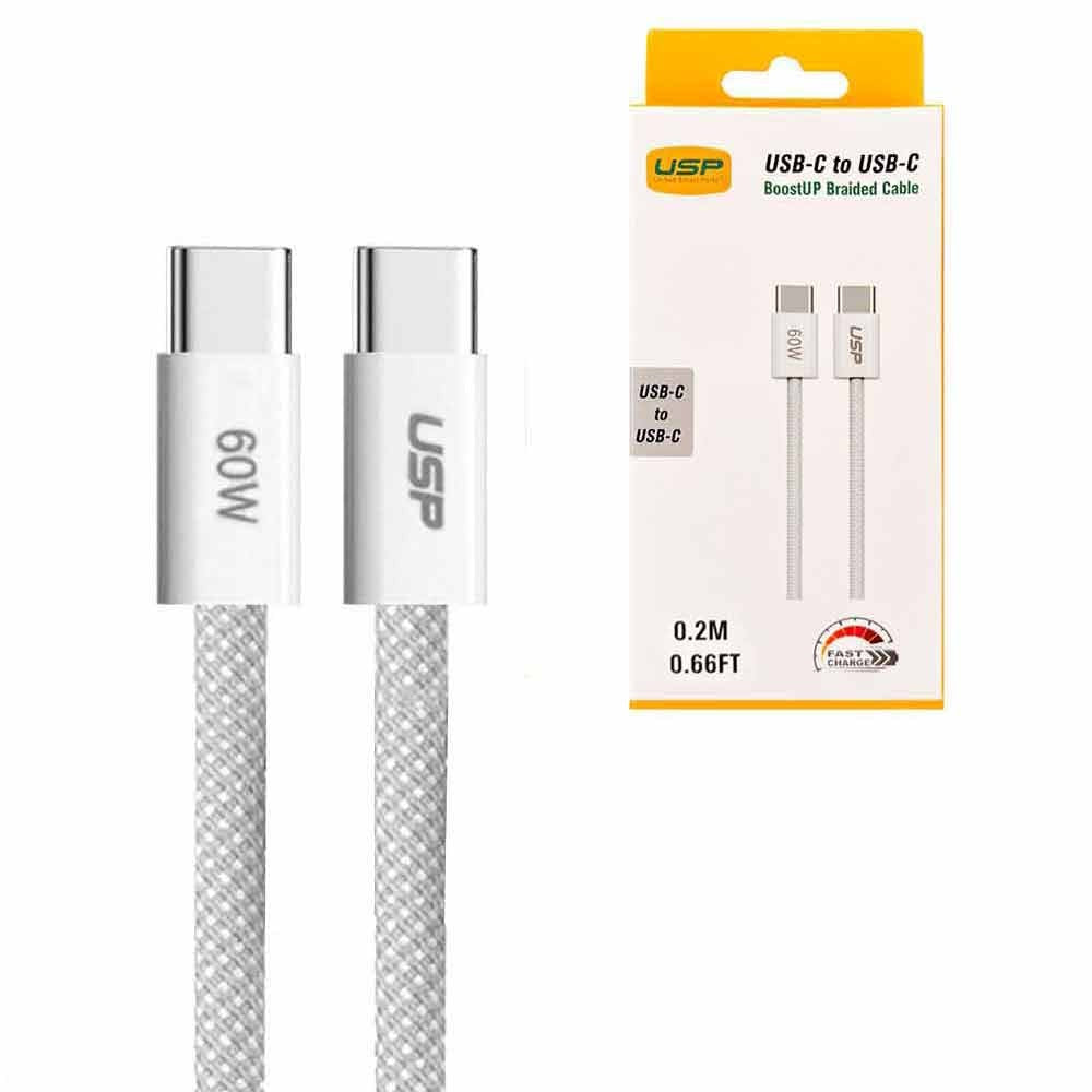 USP boostUp Braided USB-C to USB-C Cable (0.2M) - White, 3A/60W, 480Mbps, 40K+ Bends, Solid Durable, Safe Fast, Apple iPhone, Samsung Galaxy