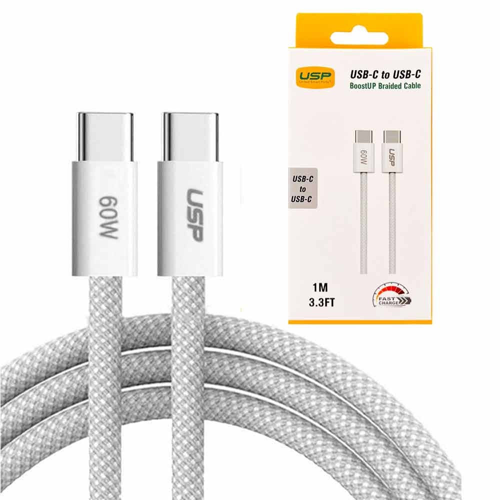USP Braided USB-C to USB-C PD 60W High Density Fast Charge Cable (1M) White - 3A Fast Safe Charge,Strong Durable, Samsung Galaxy,Apple iPhone