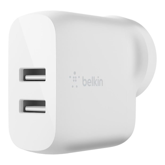Belkin BoostCharge 24W Dual USB-A Wall Charger - White (WCB002auWH), 2xUSB-A (12W), Dual Port Fast charger, Safe Efficient, 2 Years Warranty