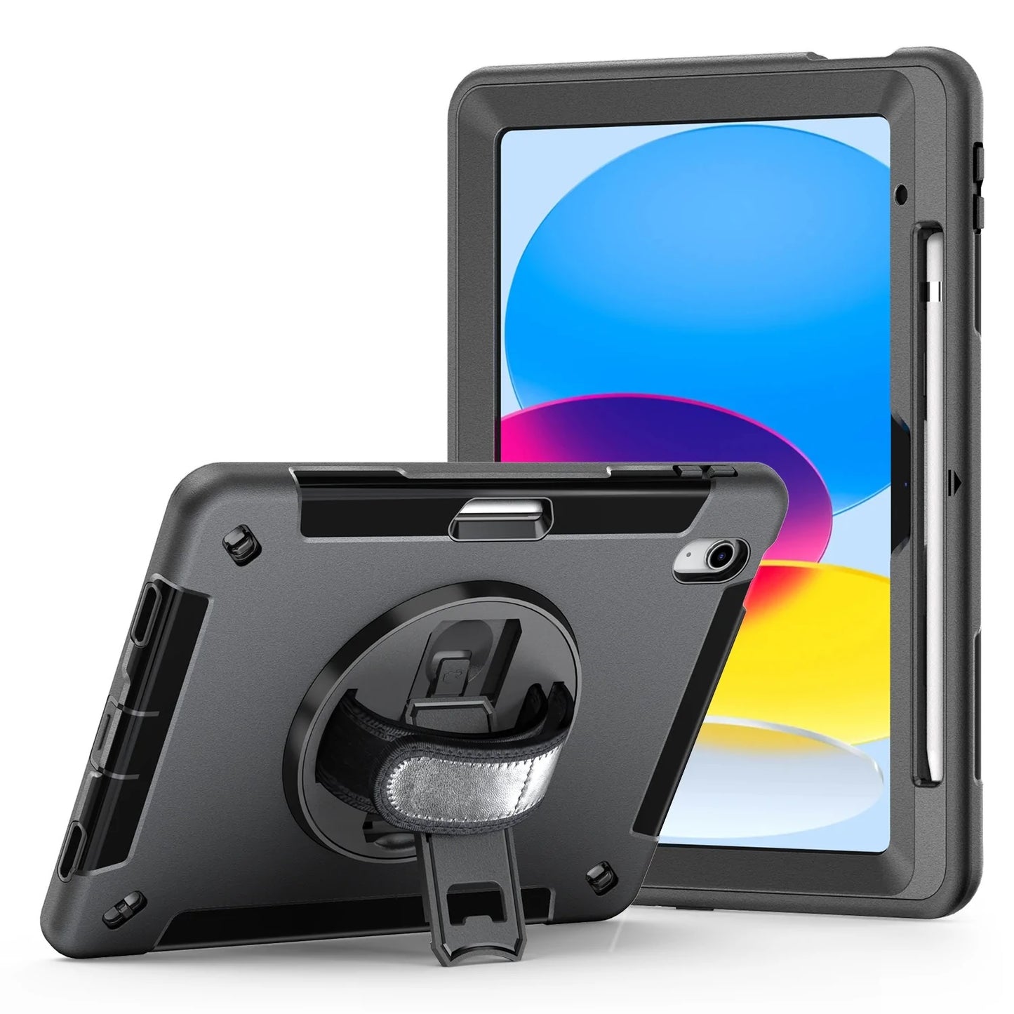USP Rugged Apple iPad (11.0") 11th Gen (A16) / iPad 10th Gen (10.9") Case Black - Built-in-Kickstand,Adjustable Hand Strap,Shoulder Strap,DropProof