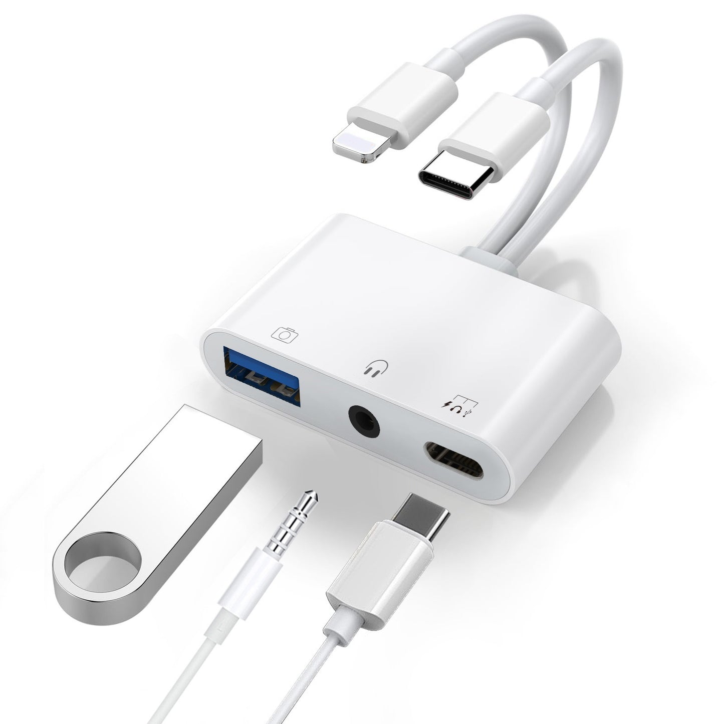 Generic Lightning/USB-C to USB Adapter features a USB OTG Port, 3.5mm Headphone Jack Fast-charging Port