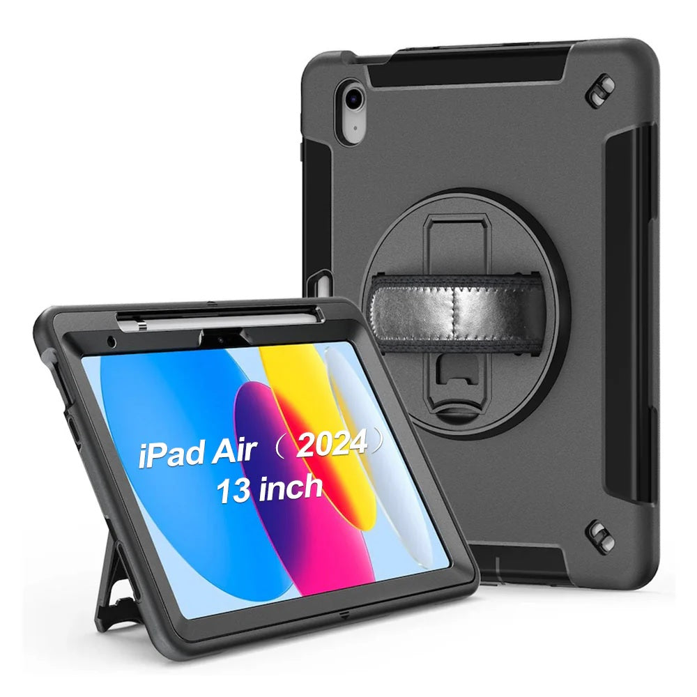 USP Rugged Apple iPad Air (13") (M3/M2) (7th/6th Gen) / iPad Pro (12.9") (6th/5th/4th/3rd) Case Black - Built-in-Kickstand,Adjustable Hand Strap