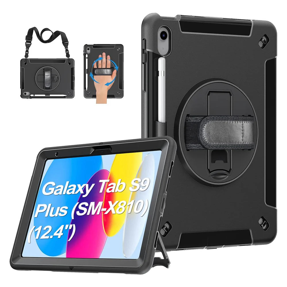 USP Rugged Samsung Galaxy Tab S10+/ Tab S9+ /Tab S9 FE+ (12.4") Case Black - Built-in-Kickstand, Adjustable Hand Strap, Shoulder Strap, Pen Holder