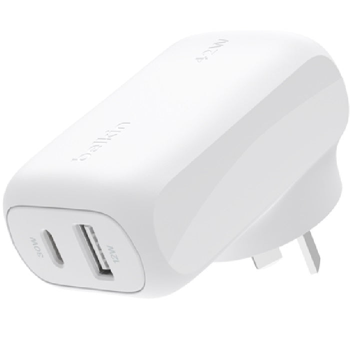 Belkin BoostCharge 42W USB-C PD 3.0 PPS Dual Wall Charger - White (WCB009auWH), 30W USB-C, 12W USB-A, Dynamic Power,Safe Efficient, 2 Years Warranty