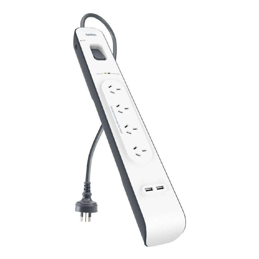 Belkin SurgePlus 4-Outlet 2-Meter Surge Protection Strip With Two (2.4) Amp USB Charging Ports - (BSV401au2M), CEW $20,000, 2 Years Warranty