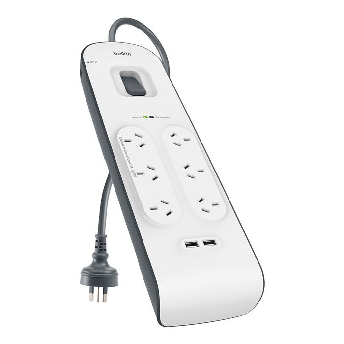 Belkin SurgePlus 6-Outlet 2-Meter Surge Protection Strip With Two (2.4) Amp USB Charging Ports - (BSV604au2M), CEW $30,000, 2 Years Warranty