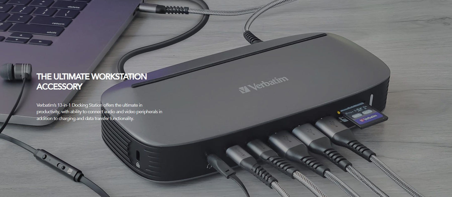 (LS)Verbatim 4K USB-C Triple Monitor Docking Station - 70W Power Delivery 13-in-1, 2x HDMI, 1x VGA, 4K 3840x2160p, 3x USB 3.0, 1x RJ45,1x 3.5mm Audio