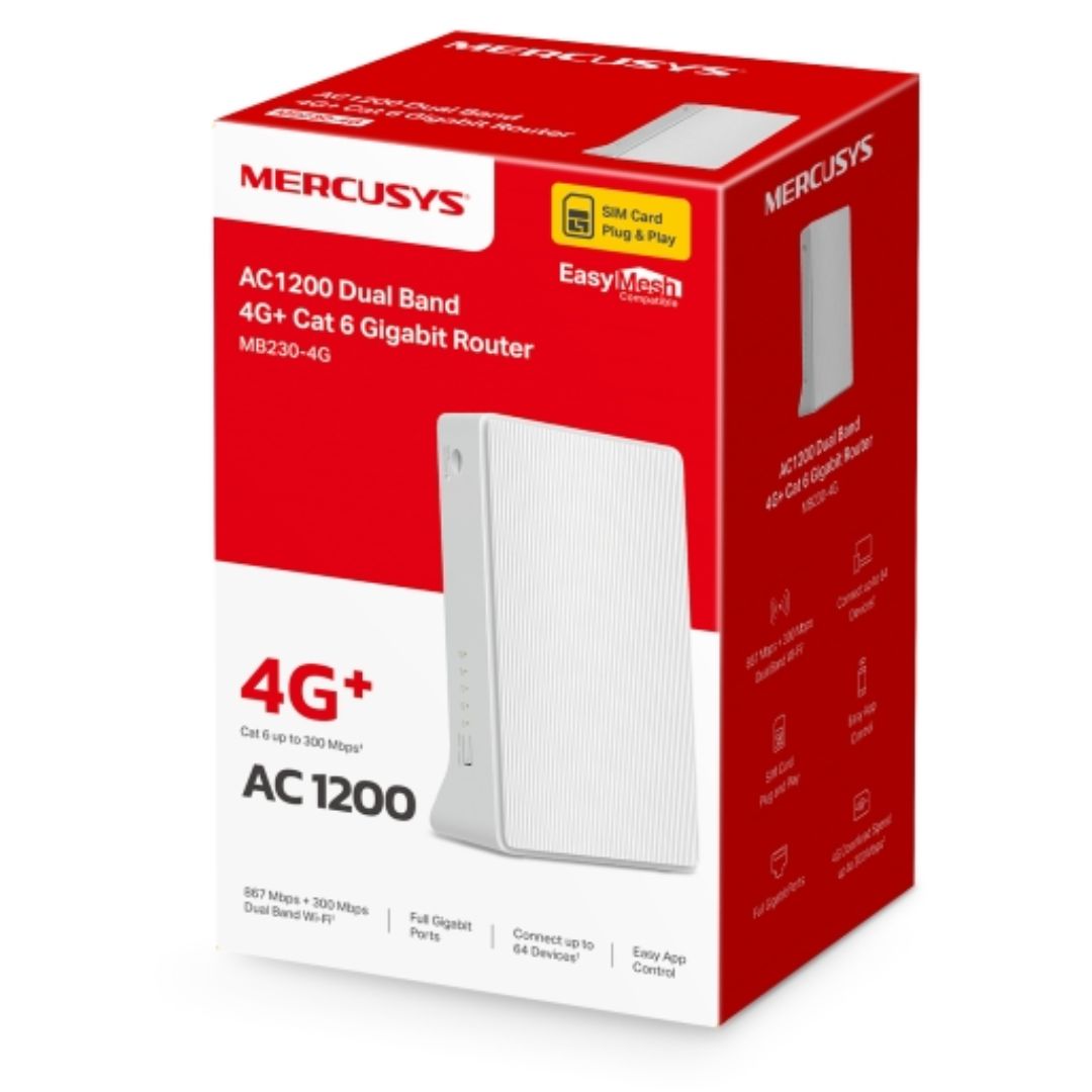 Mercusys MB230-4G AC1200 Wi-Fi 4G LTE Router, Build-In 150Mbps 4G LTE Modem, 300 Mbps at 2.4 GHz, 867 Mbps at 5 GHz, 4G Cat4 150/50 Mbps,Nano SIM Car