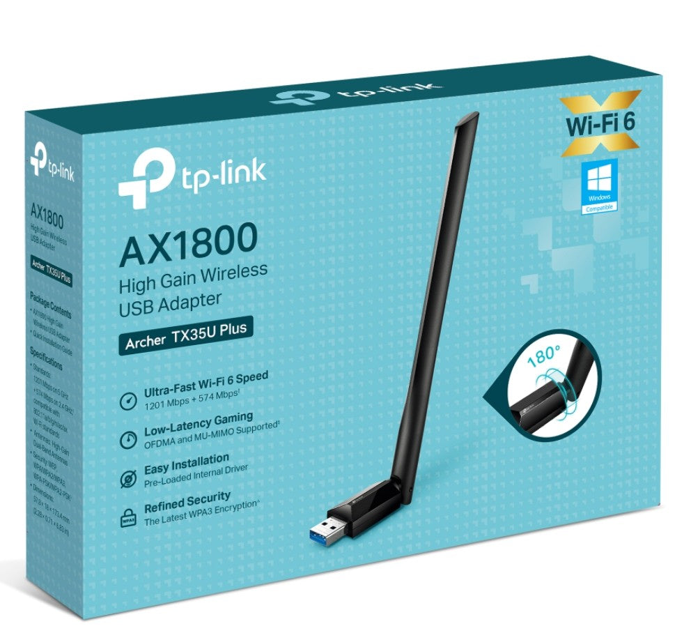 TP-Link Archer TX35U Plus AX1800 High Gain Wireless USB Adapter, 1201 Mbps at 5 GHz + 574 Mbps at 2.4 GHz, 1× High Gain External Antenna, USB 3.0
FEA