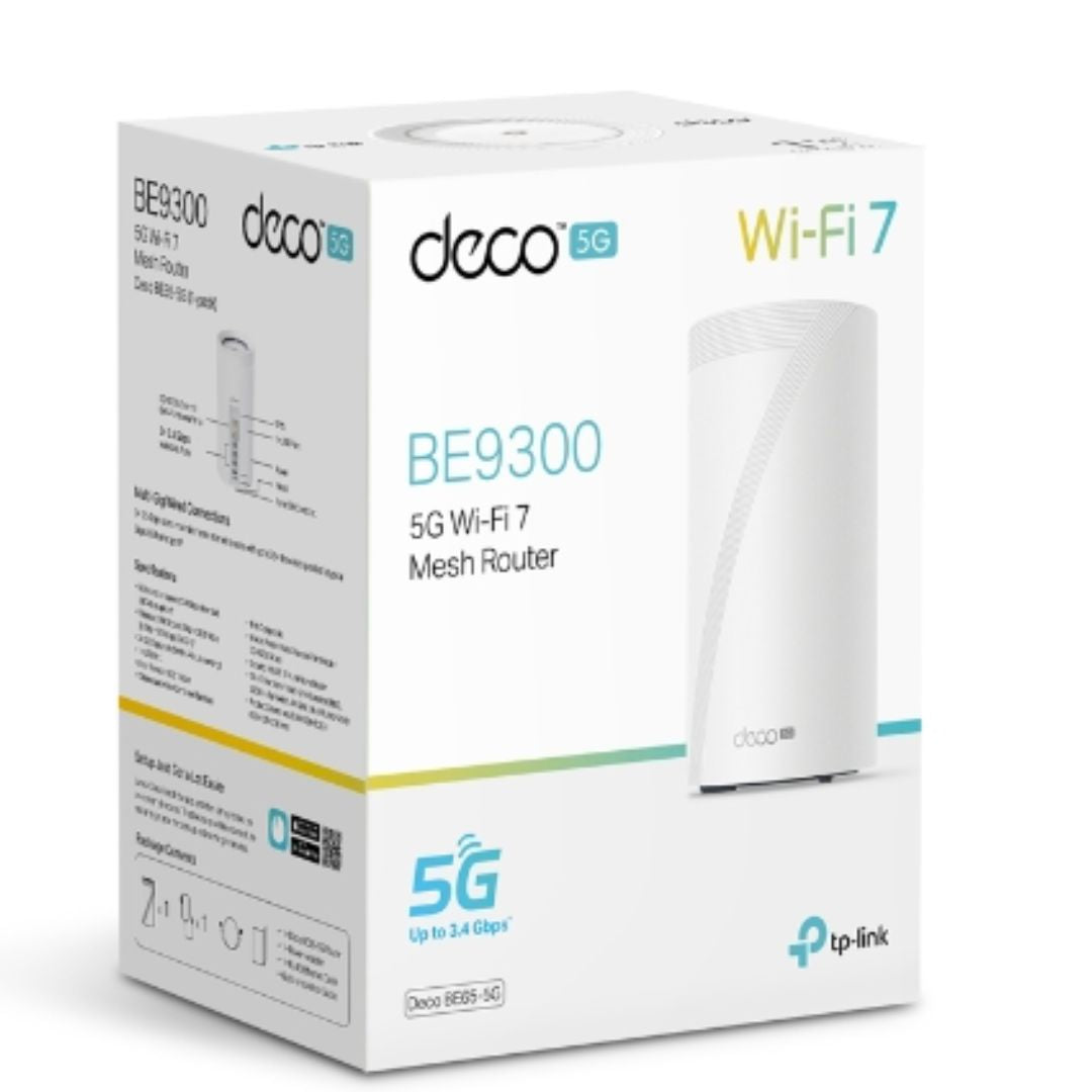 TP-Link Deco BE65-5G(1-pack) 5G BE9300 Tri-Band Whole Home Mesh Wi-Fi 7 Gateway (WIFI7) 574 Mbps at 2.4 GHz + 2880 Mbps at 5 GHz + 5760 Mbps at 6 GHz