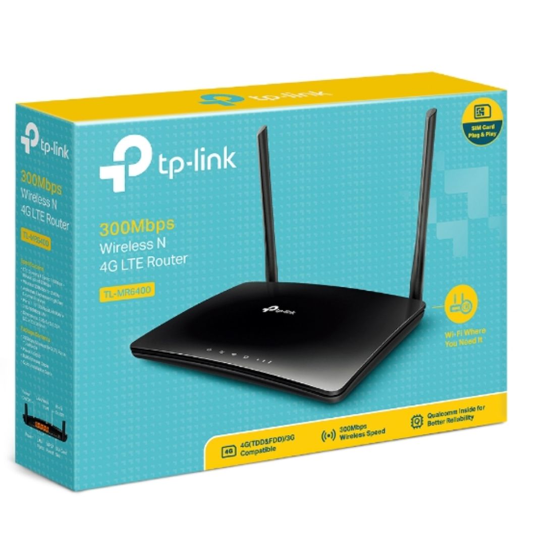 TP-Link TL-MR6400 N300 Wireless N 3G/4G-LTE Router 2.4GHz (300Mbps) 802.11bgn 3x100Mbps LAN 1x 100Mbps 4G SIM Slot, Band5Band28