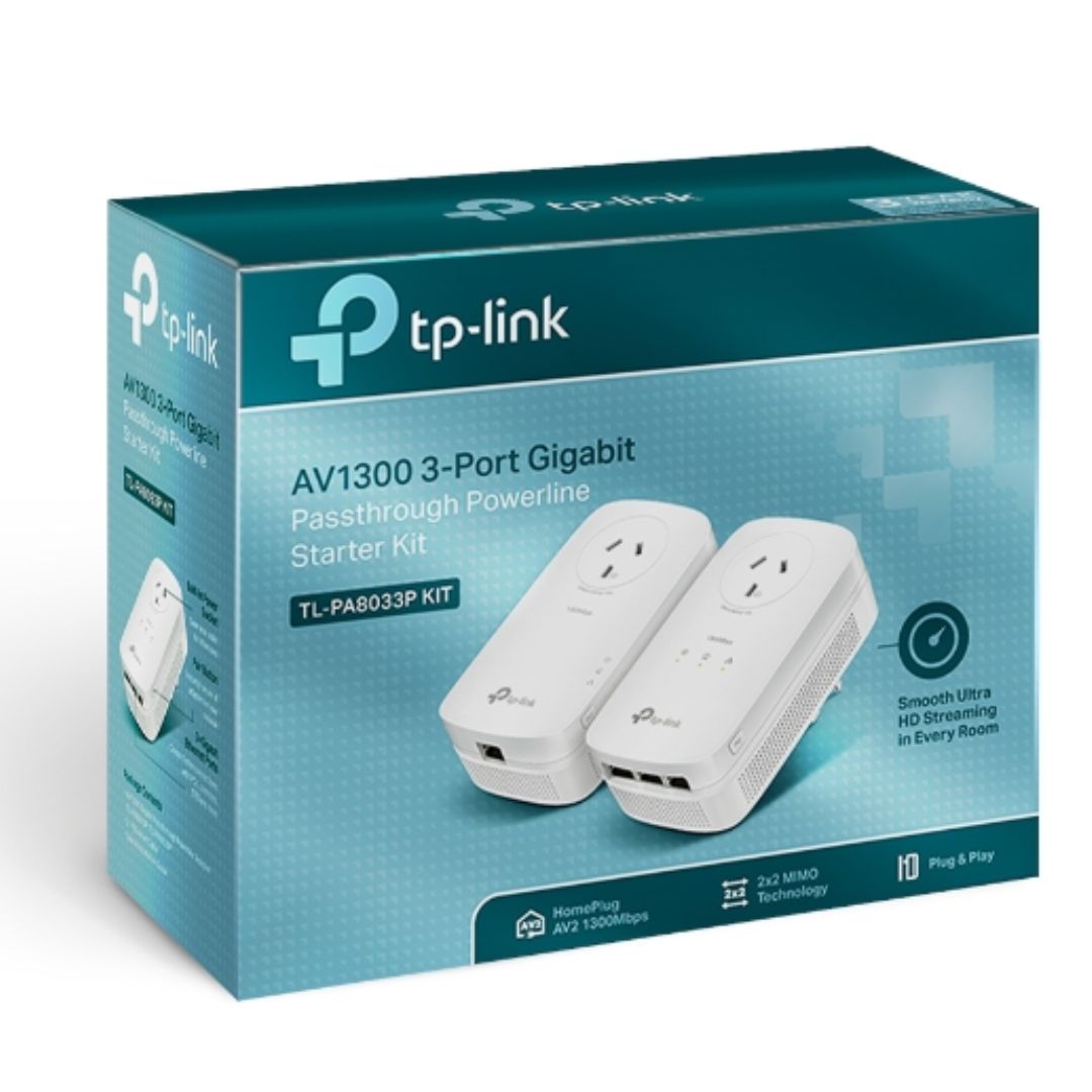 TP-Link TL-PA8033P KIT AV1300 Passthrough Powerline KIT, Qualcomm, 3 Gigabit Ports, 1300Mbps Powerline, 2*2 MIMO,  HomePlug AV2, New PLC Utility, Twin
