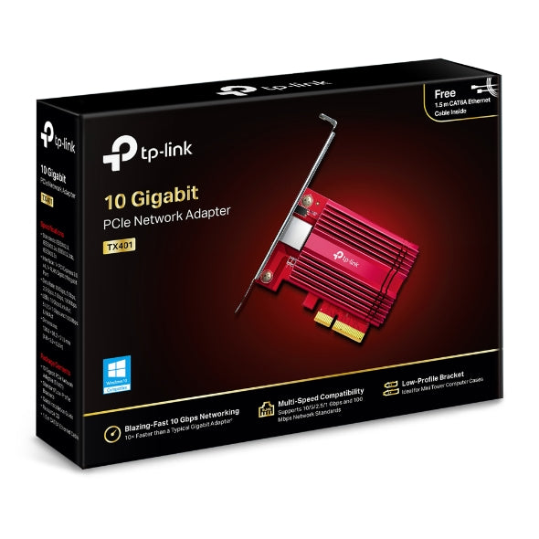 TP-Link TX401 10G 10 Gigabit PCI Express Network Adapter Low-Profile Full-Height Brackets 1× PCI Express 3.0 x4, 1× RJ45 Gigabit/Megabit Port (NIC)