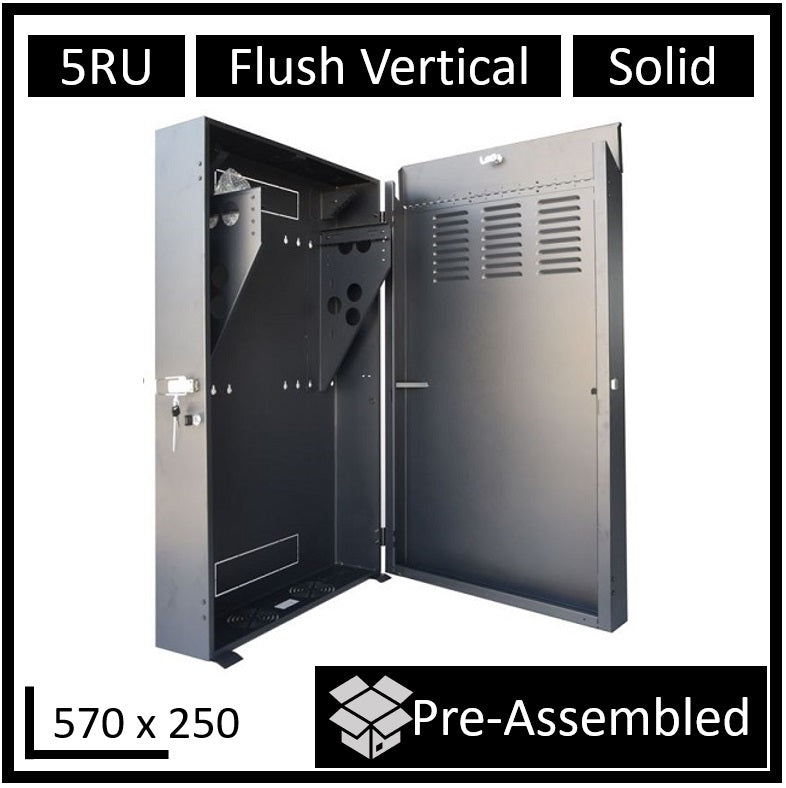 LDR Assembled 5U Flush Wall Mount Vertical Cabinet (570mm x 250mm) - 4U Rack For Gear 2U Mount For Patch Panels - Black Metal Construction