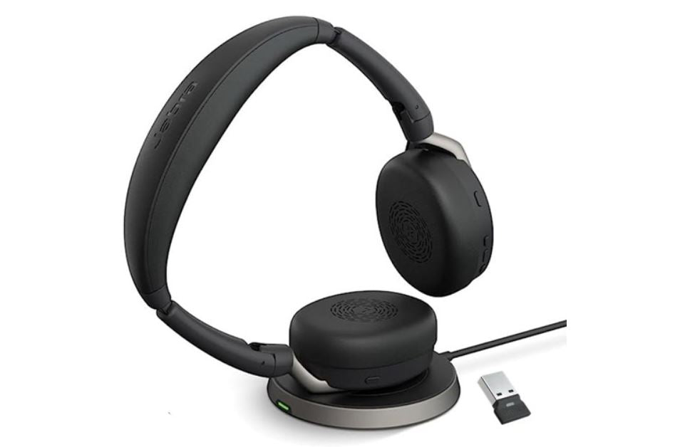 Jabra Evolve2 65 Flex MS Stereo Bluetooth Headset, Link380a USB-A Dongle Wireless Charging Stand Foldable Design, 2Yr Warranty, 30m Wireless Range