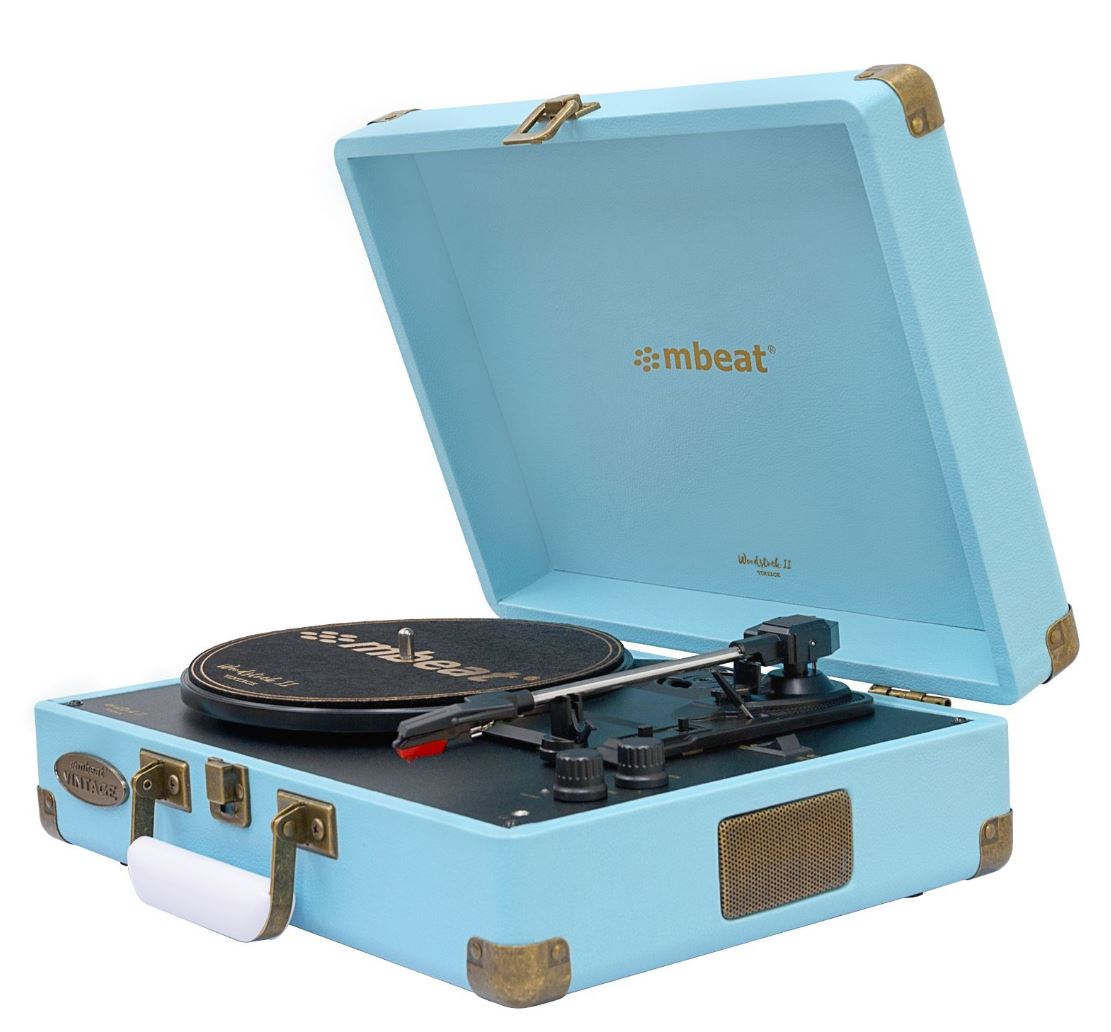 (LS)mbeat® Woodstock 2 Sky Blue Retro Turntable Player with BT Receiver Transmitter Built-in Bluetooth receiver eaturing 3 speed settings