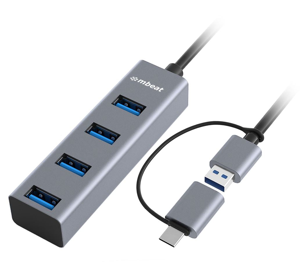 mbeat® 4-Port USB 3.0 Hub with 2-in-1 USB 3.0 USB-C Converter - Space Grey transfer speeds up to 5Gbps Material: Aluminium Weight: 48g