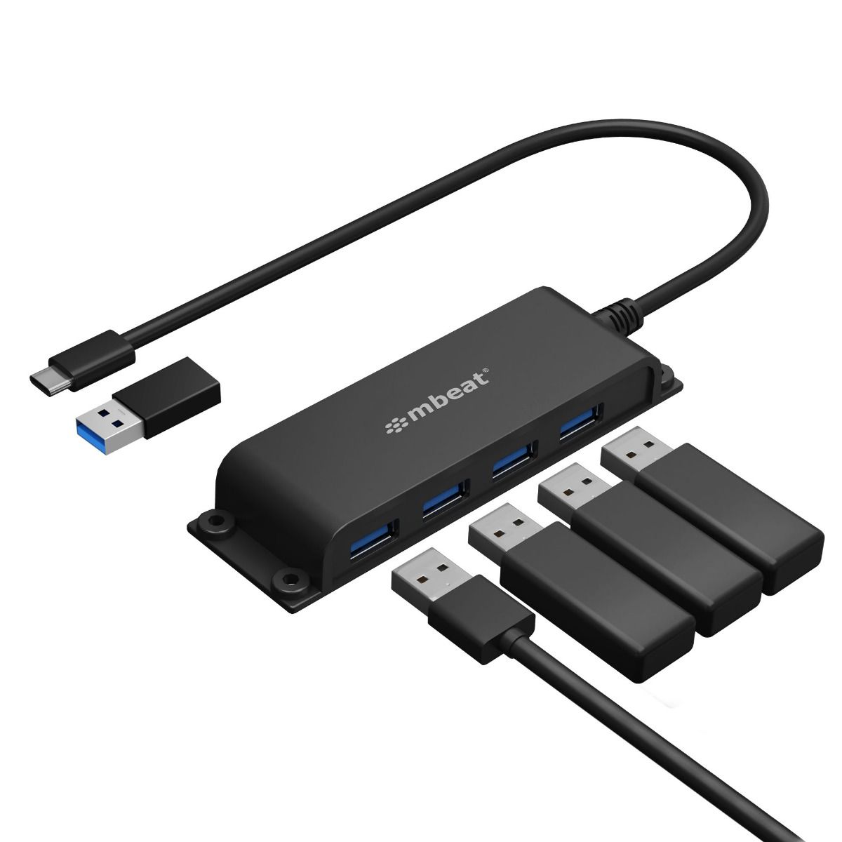 mbeat® Mountable 4-Port USB-A USB-C Adapter Hub - 60cm Data Cable, USB 3.0, 2.0 High-Speed Data Port Expansion, Save Space Mounting Solution
