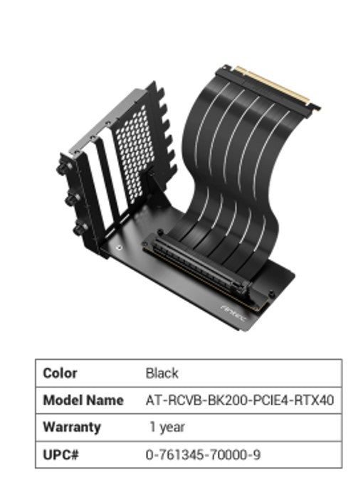 Antec Adjustable Vertical Bracket with 200mm High Performance PCI-E Riser Cable. 4090, 5090 7900x. 90xx Black Universal Case support(LS)