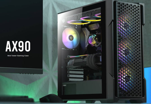 Antec AX90 ATX, 2x 360mm Radiator Support, 4x ARGB 12CM Fans 3x Front  1x Rear included. RGB controller for six fans. Mesh Tempered Glass Case (LS)
