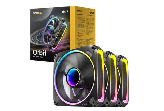 Antec Orbit 120 ARGB 3PK, Extreme Lighting 4 sides  Mirror inward Effect, PWM, 28MM Thickness Focus Airflow 66.72 CFM, FDB 9 Blades. Woven cable Fan
