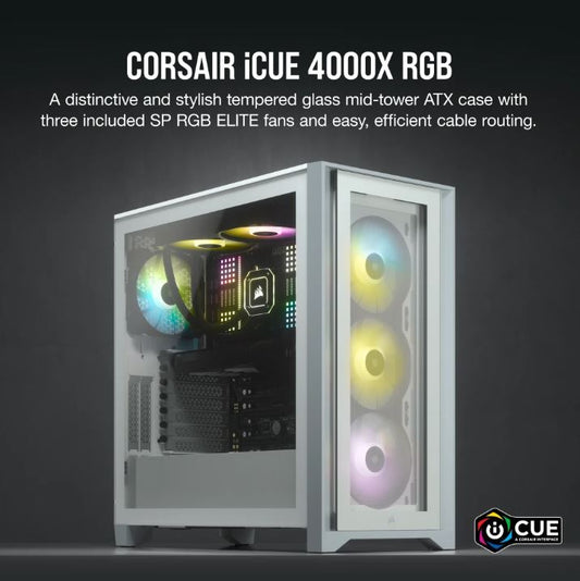 (LSCorsair Carbide Series 4000X RGB E-ATX, ATX, Tempered Glass Front  Side. White,3x 120mm RGB Fans pre-installed. USB 3.0 and Type-C x 1. PCI 7+2,