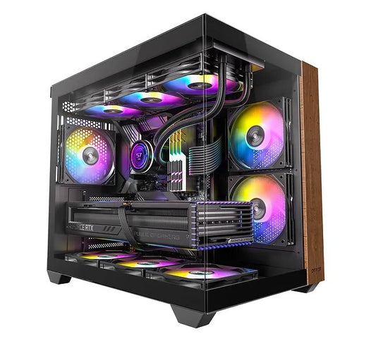OKINOS M6 ARGB ATX Genuine Walnut Wood, Panoramic View, Type-C, 4 x120mm ARGB  PWM Fans included,Tempered Glass Side Panel, Black,  Case