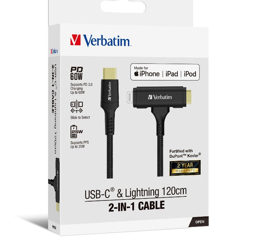 Verbatim 2-in-1 Cable Type C to C  Lightning Kevlar Slide 120cm -BLK