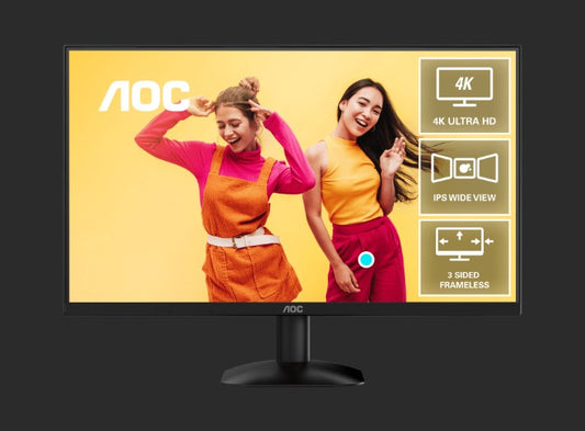 AOC 27" 4K 3840 x 2160 (UHD), IPS 60Hz, 4ms, HDR10,Low Blue Mode,HDMI 2.0 × 2, DisplayPort 1.4 × 1, Office and Home Monitor