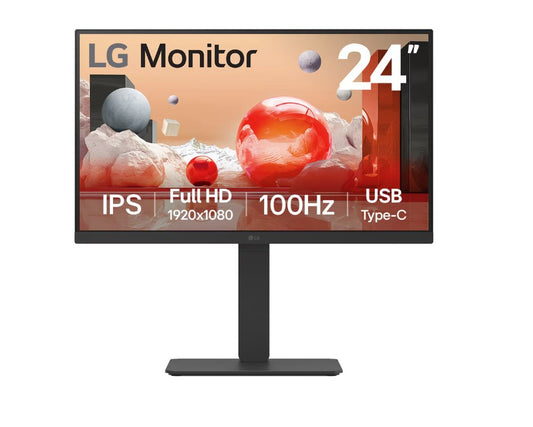 LG 24" IPS FHD 1920 x 1080, USB-C 65w PD, RJ45 100Hz 5ms, AMD FreeSync 16:9 Tilt/Height/Swivel/Pivot (Bi-direction) adjustable stand, 3yrs Monitor