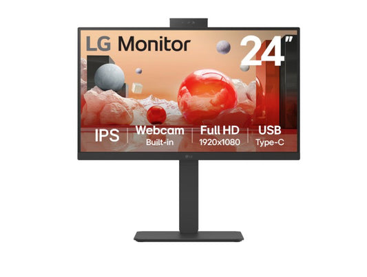 LG 24" IPS FHD Webcam, USB-C 65W PD, RJ45 100Hz 5ms 1920 x 1080, FreeSync 16:9 Tilt/Height/Swivel/Pivot (Bi-direction) adjustable stand, 3yrs Monitor