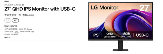 LG 27'' IPS 5ms 2K QHD 2560x1440, HDR10, USB-C (15W) AMD FreeSync™ HDMI/DP Tilt VESA 100 x100 mm, SRGB 99%, Office and Home Monitor 2025
